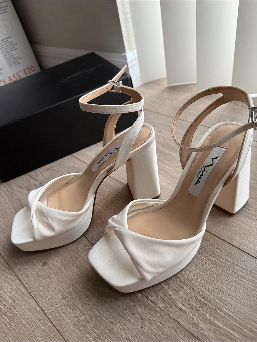 Nina White Platform Ankle-Strap Block Heels